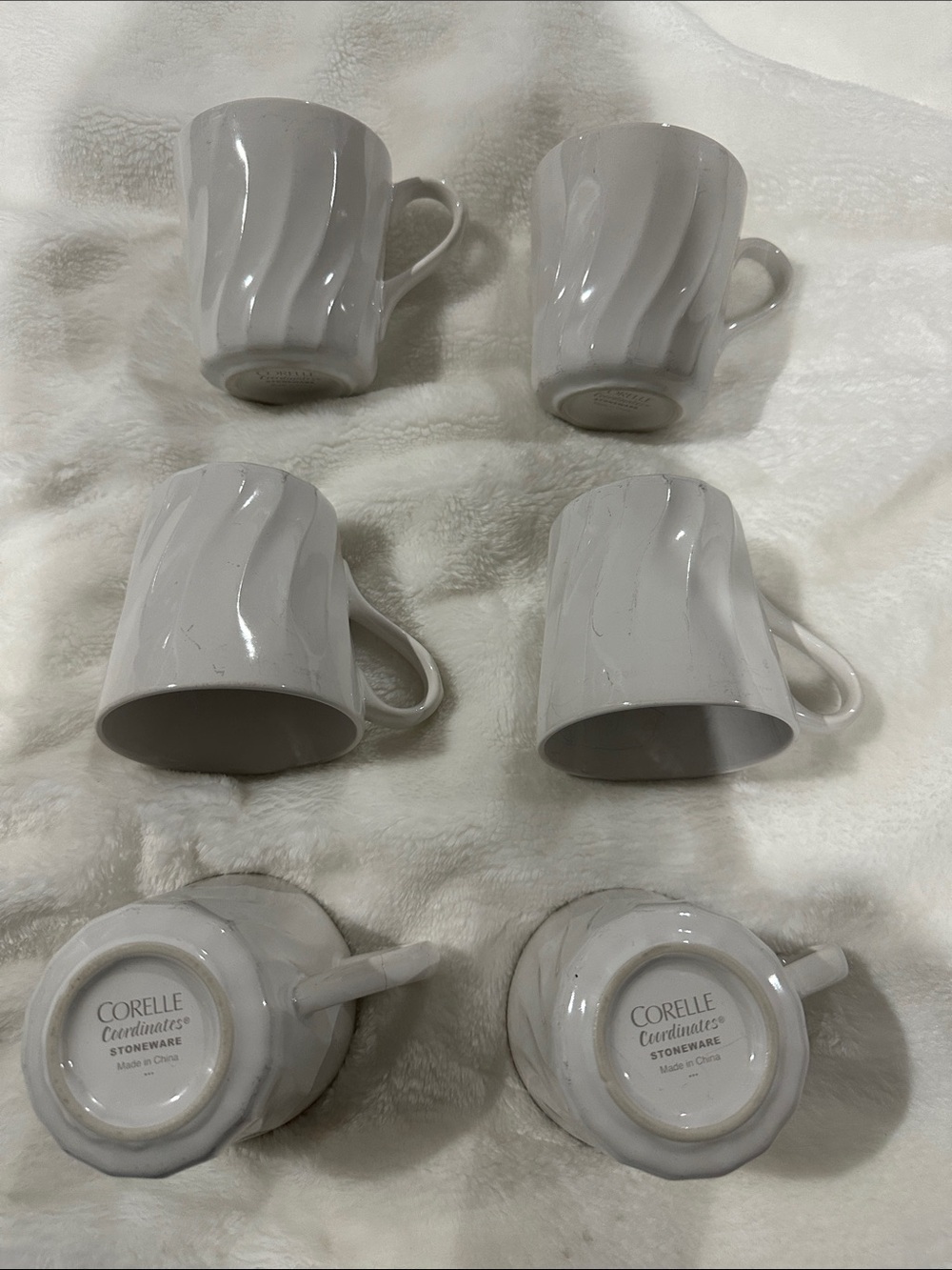 Corelle 8oz White Stoneware Mugs with Subtle Wave Texture - Set of 6